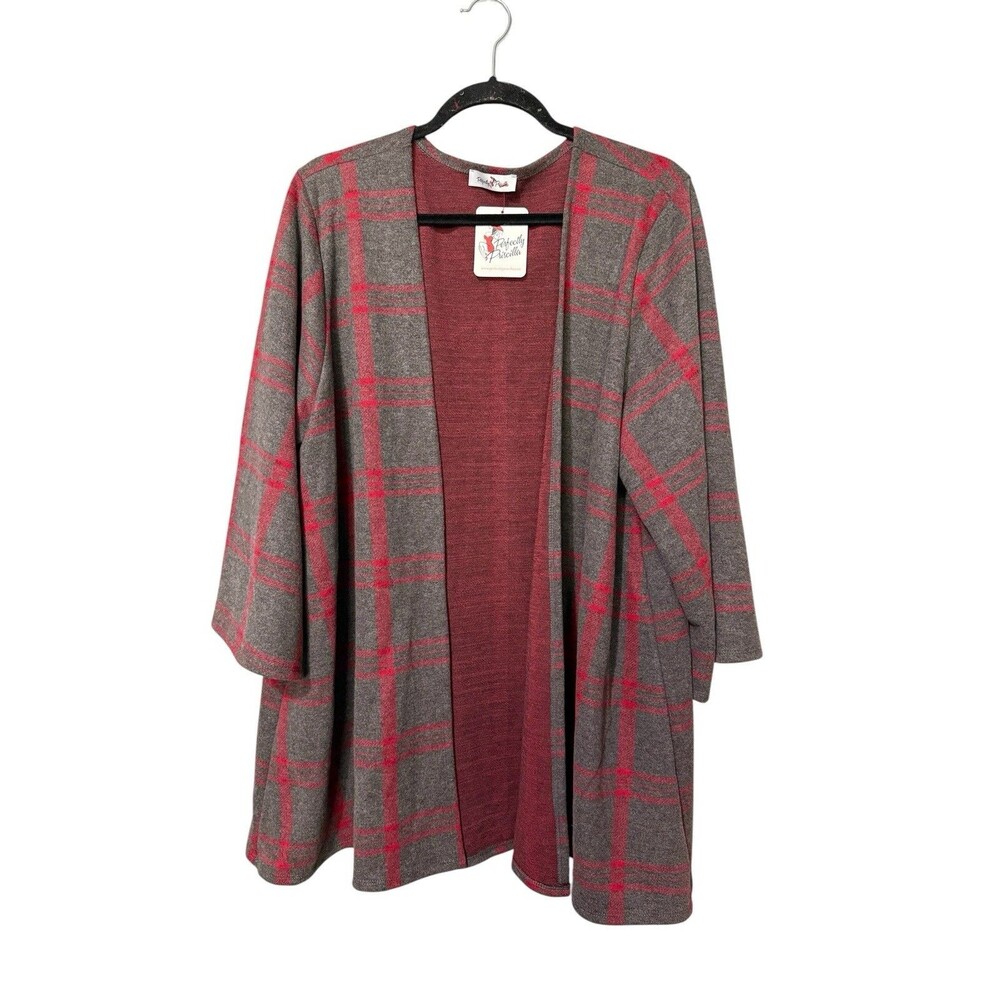 Perfectly Priscilla Plaid Open Front Cardigan Duster 3X Gray Red NWT